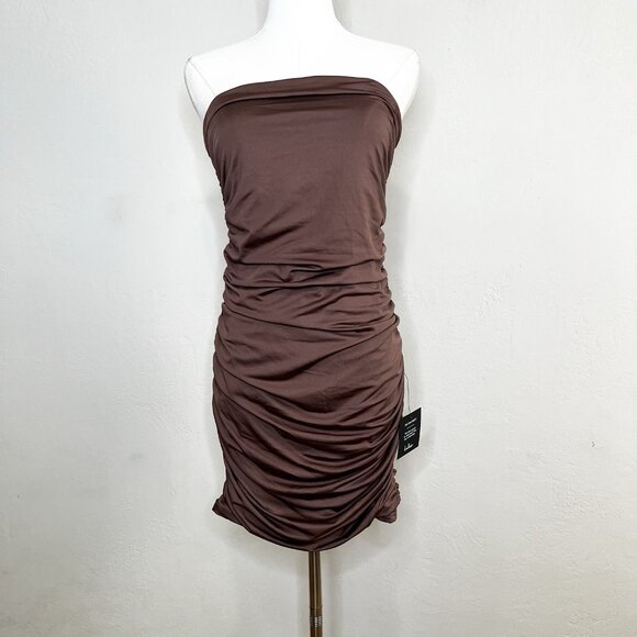 Lulus Exemplary Charm Brown Strapless Ruched Bodycon Mini Dress Size Large NEW - Picture 1 of 9